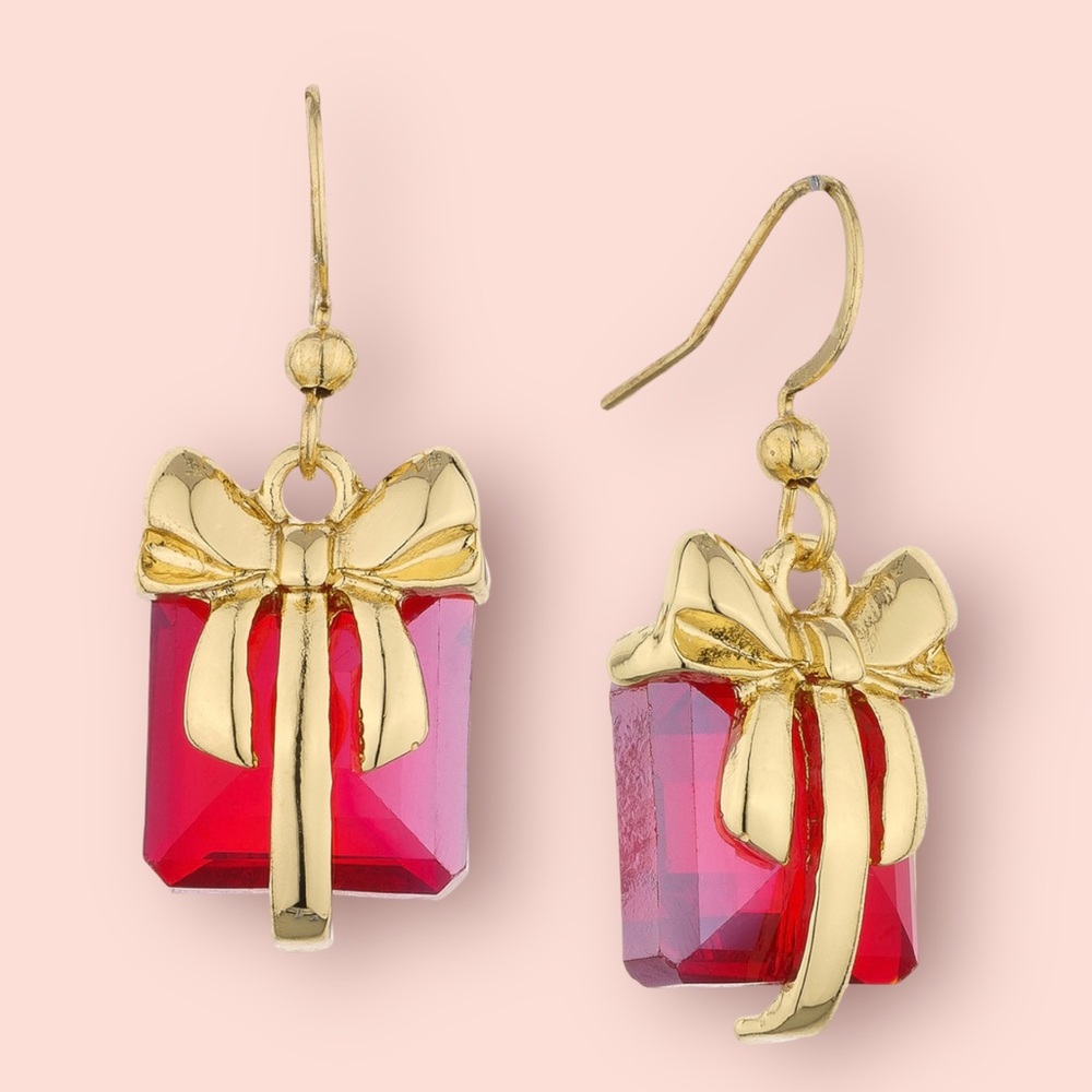 Gold-Tone Stone Wrapped Present Drop Earring Red New